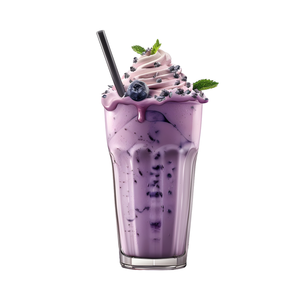 Glass of blueberry smoothie topped with whipped cream, isolated on a transparent background png
