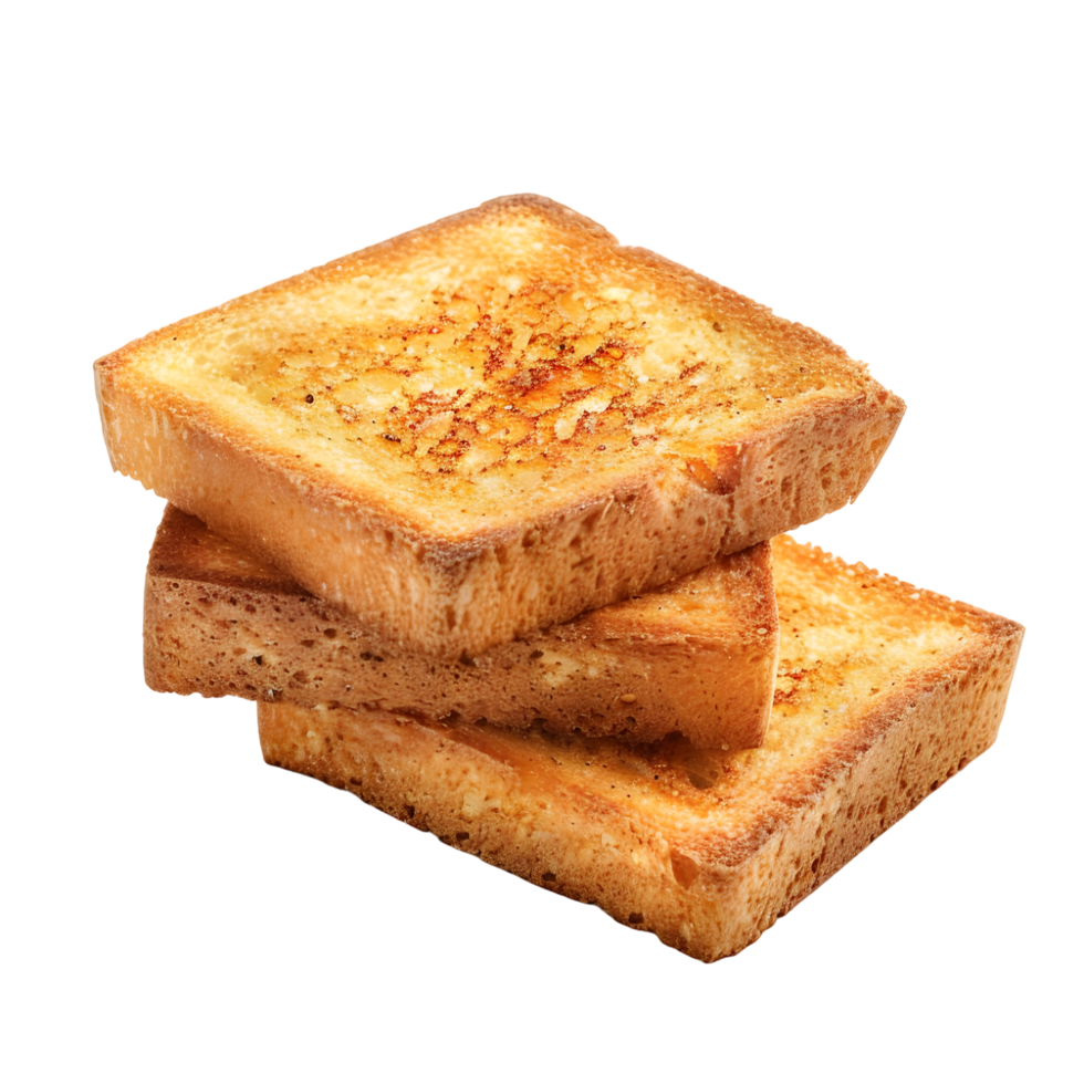 Stack of golden-brown toasted bread slices, isolated on a transparent background png