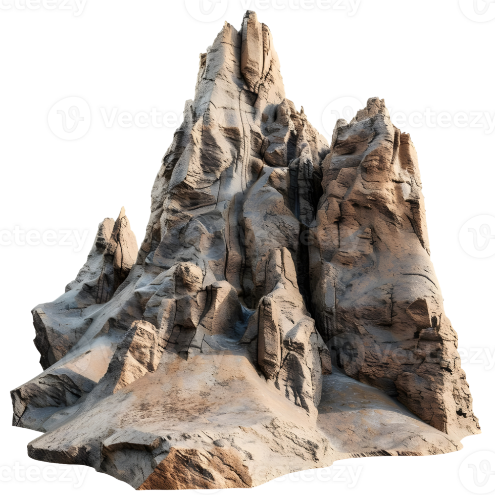 Rugged rocky mountain formation with sharp peaks, isolated on a transparent background png