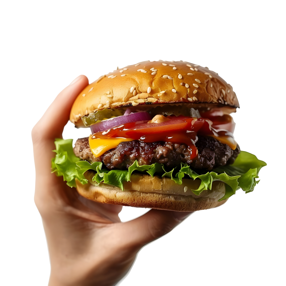 Hand holding a juicy burger with fresh lettuce and toppings, isolated on a transparent background png