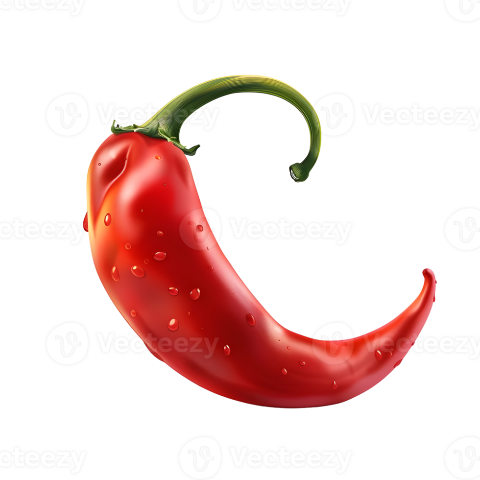 Curved red chili pepper with a glossy texture, isolated on a transparent background png