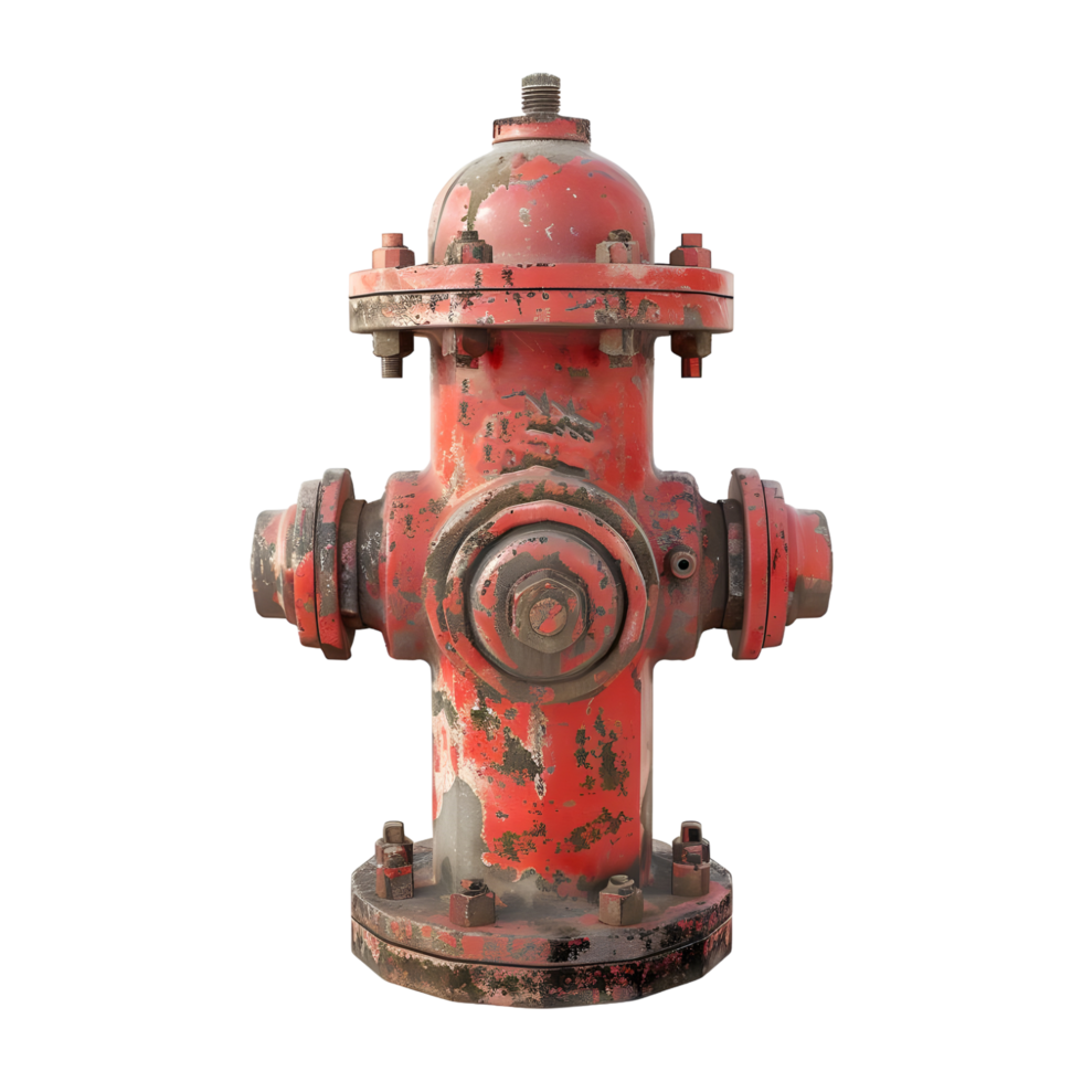 Bright red fire hydrant with detailed design elements, isolated on a transparent background png