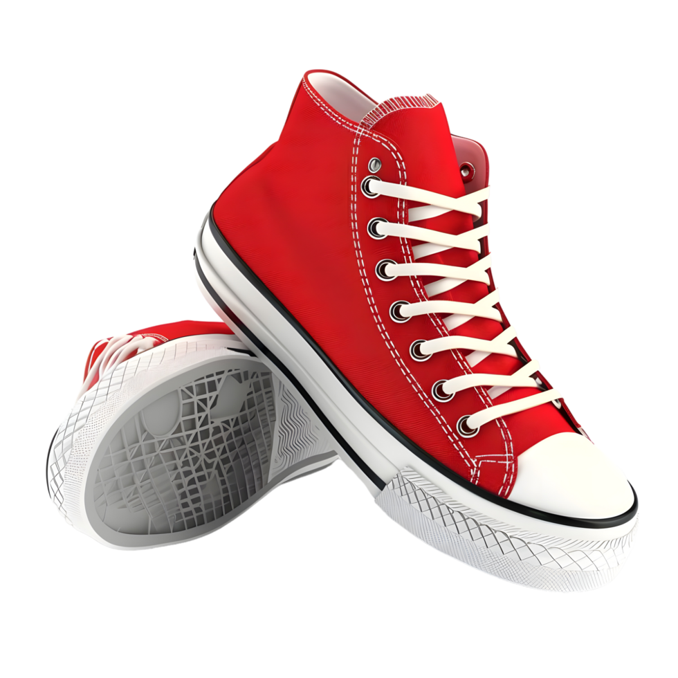 Pair of red sneakers leaning against a silver ball, isolated on a transparent background png