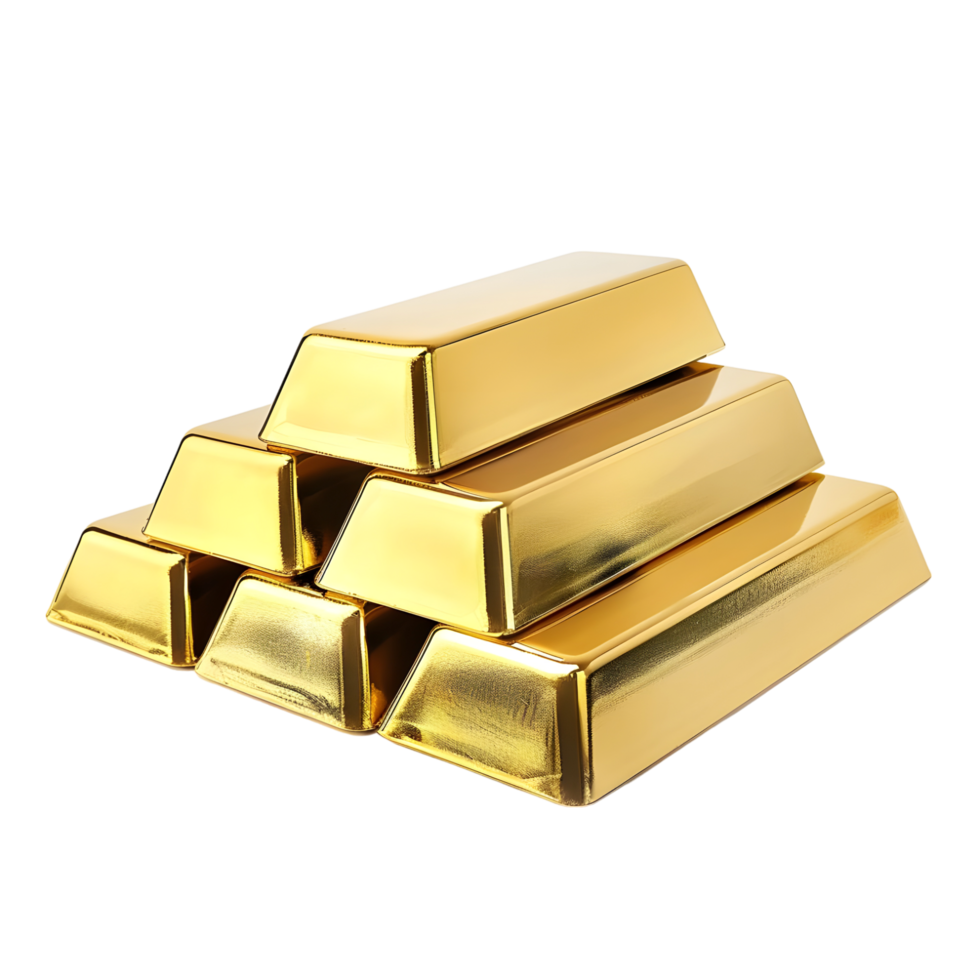 Stack of shining gold bars in a pyramid formation, isolated on a transparent background png