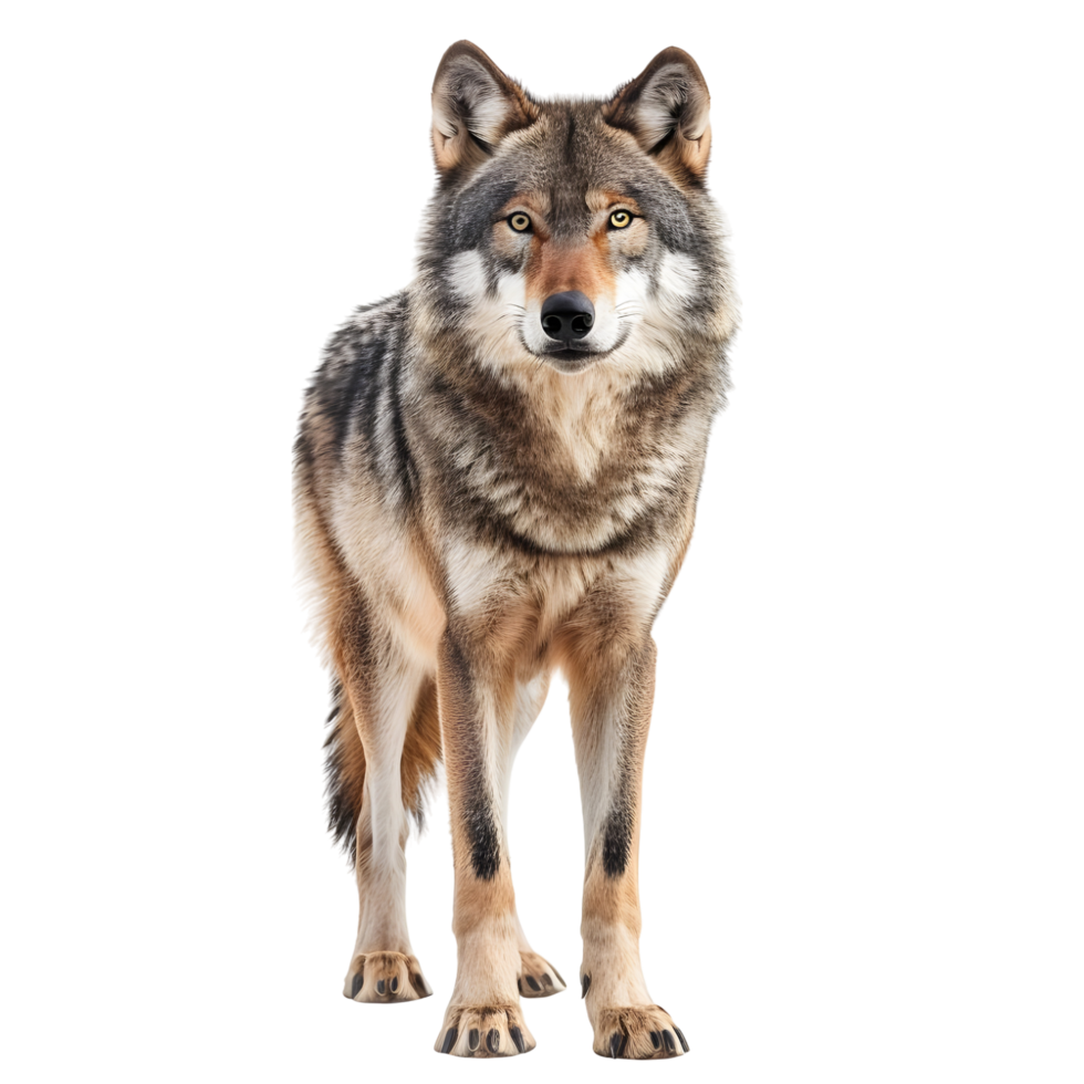 Single wolf standing alert with a focused gaze, isolated on a transparent background png