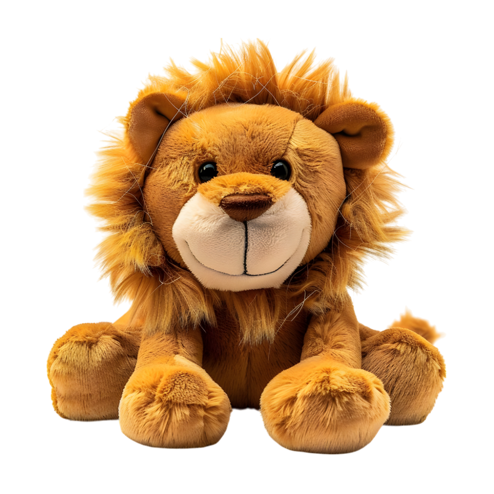 Sitting lion plush toy with realistic mane texture, isolated on a transparent background png