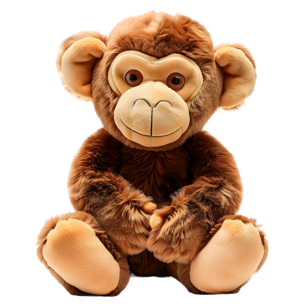 Charming monkey plush toy with soft brown fur, isolated on a transparent background png