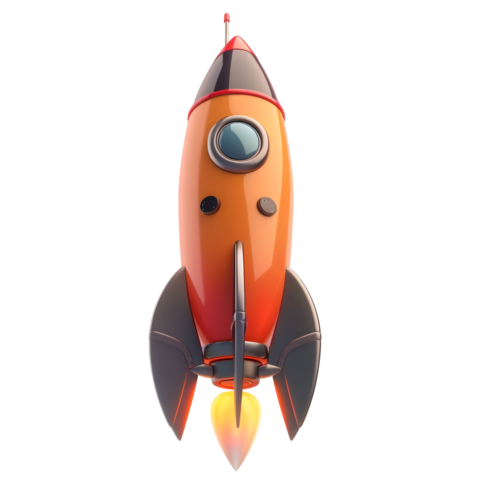 Cartoon-style red rocket with sleek fins and windows, isolated on a transparent background png