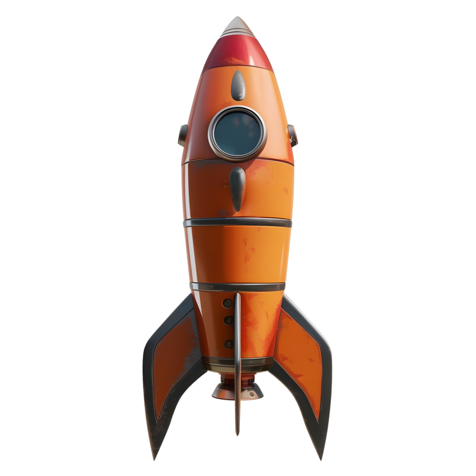 Retro-style rocket with a metallic finish and fins, isolated on a transparent background png