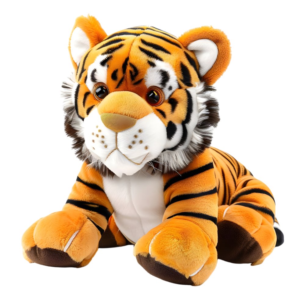 Sitting tiger stuffed animal with a playful expression, isolated on a transparent background png