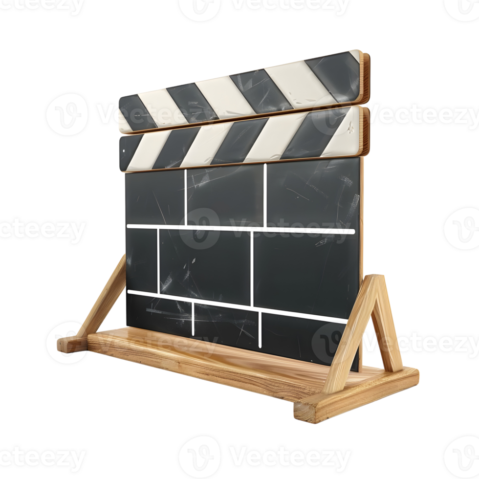 Double movie clapperboards displayed on wooden stands, isolated on a transparent background png