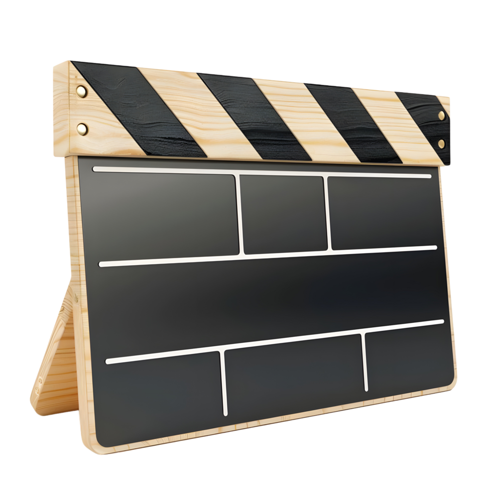 Classic movie clapperboard on a wooden stand, isolated on a transparent background png