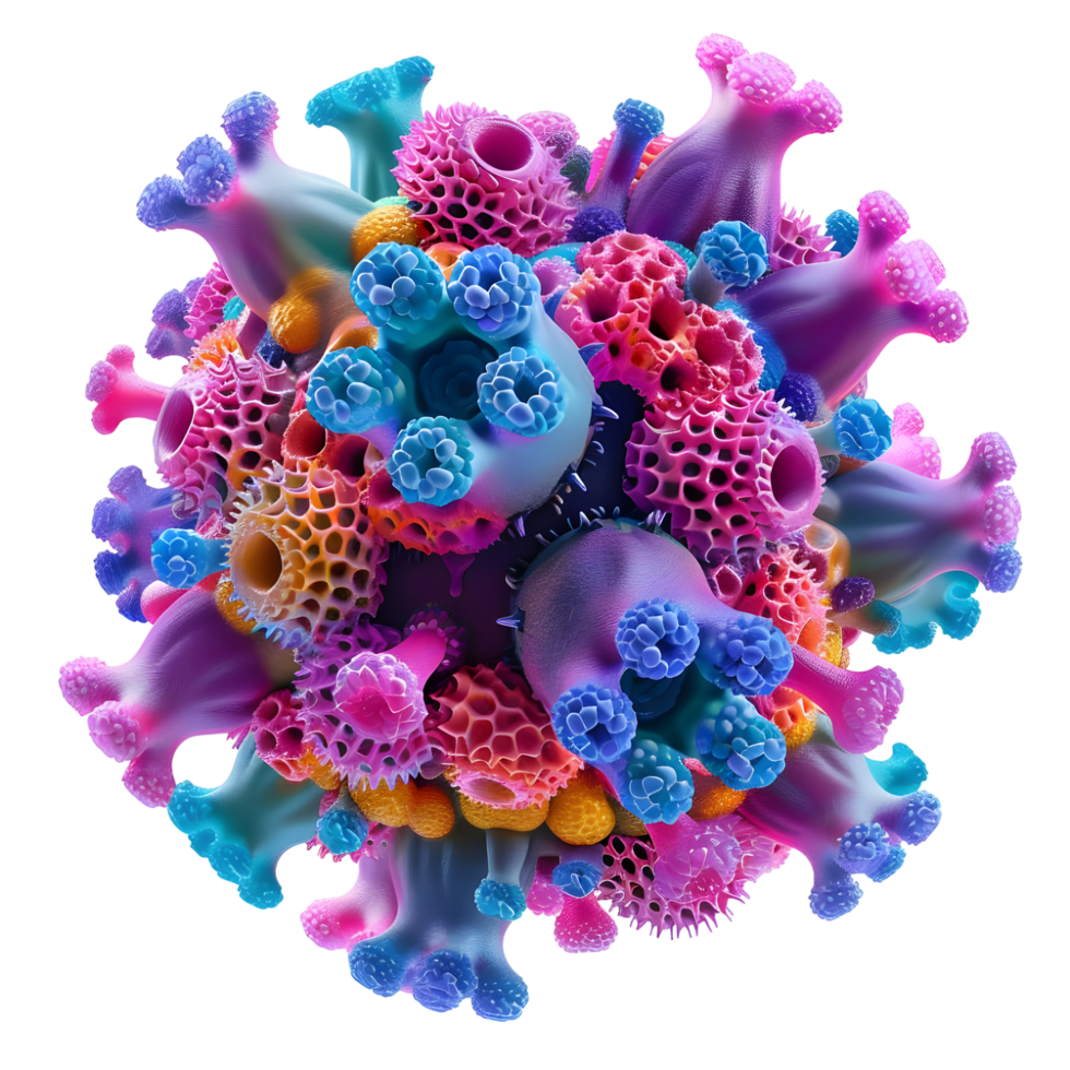 Realistic 3D model of a spiked virus in vivid colors, isolated on a transparent background png