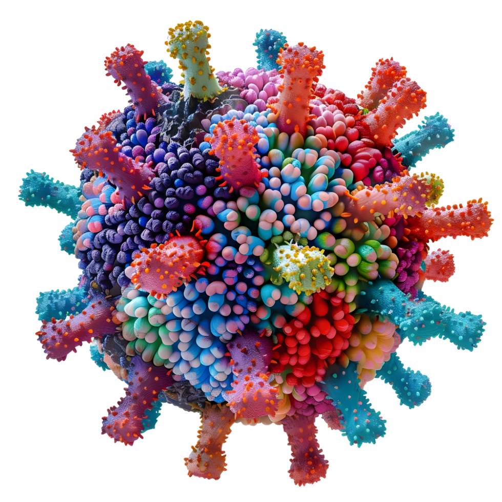 Close-up of a detailed multicolored virus structure, isolated on a transparent background png