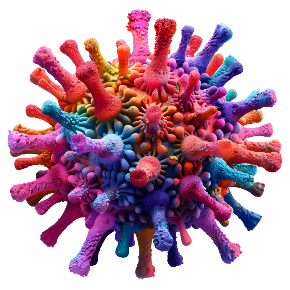Vibrant 3D virus model with colorful spikes, isolated on a transparent background png