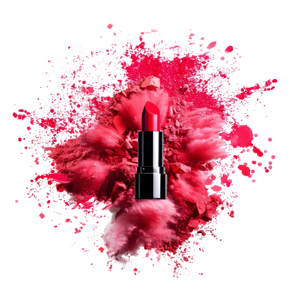 Bold red lipstick surrounded by dynamic splashes of crimson paint isolated on a transparent background png