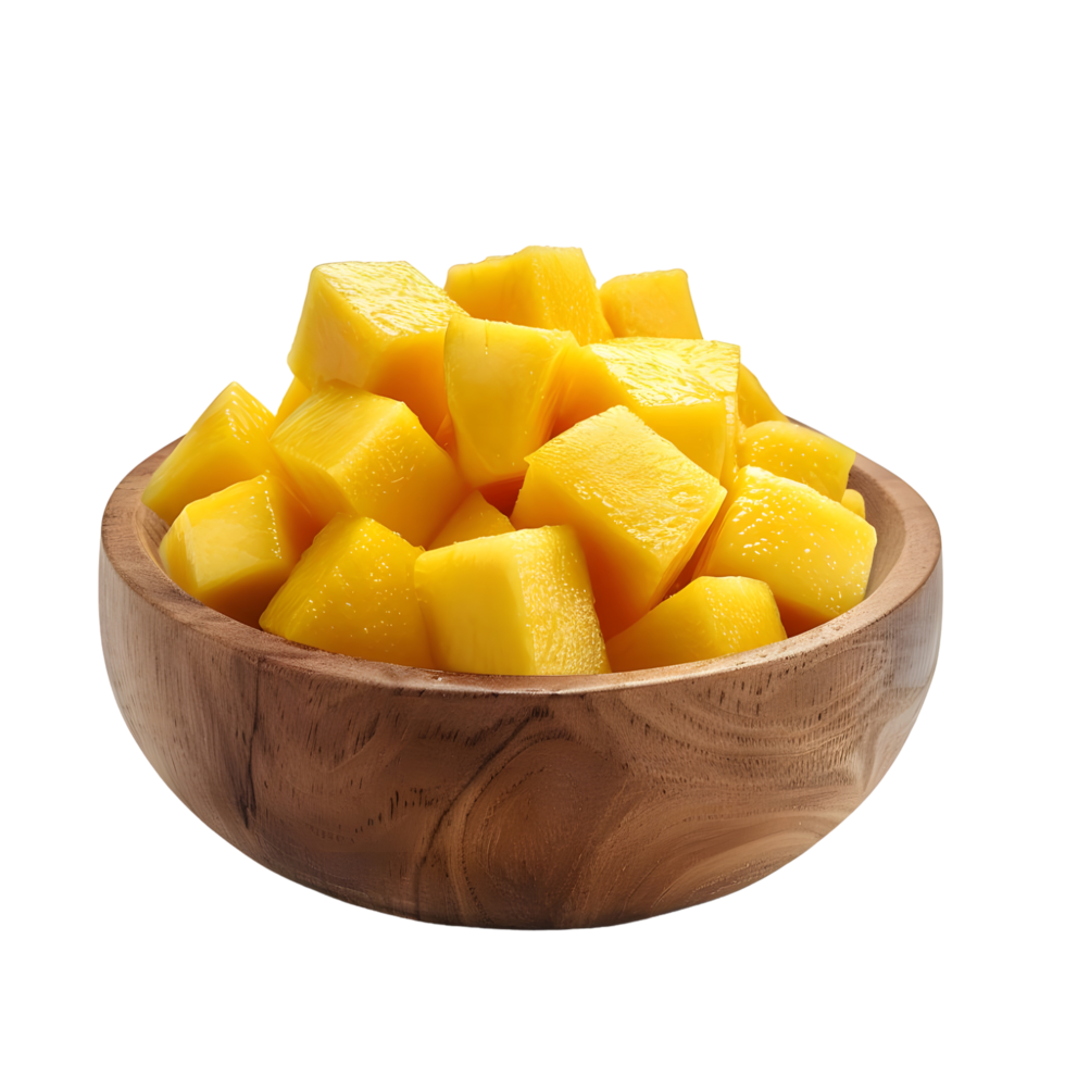Rustic wooden bowl filled with juicy mango cubes, isolated on a transparent background png