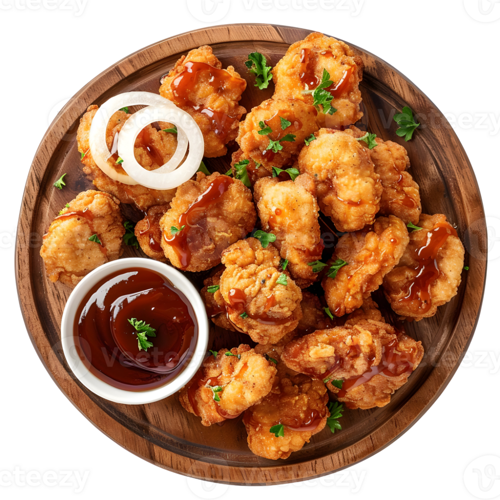 Crispy fried chicken and fries platter with condiments isolated on a transparent background png