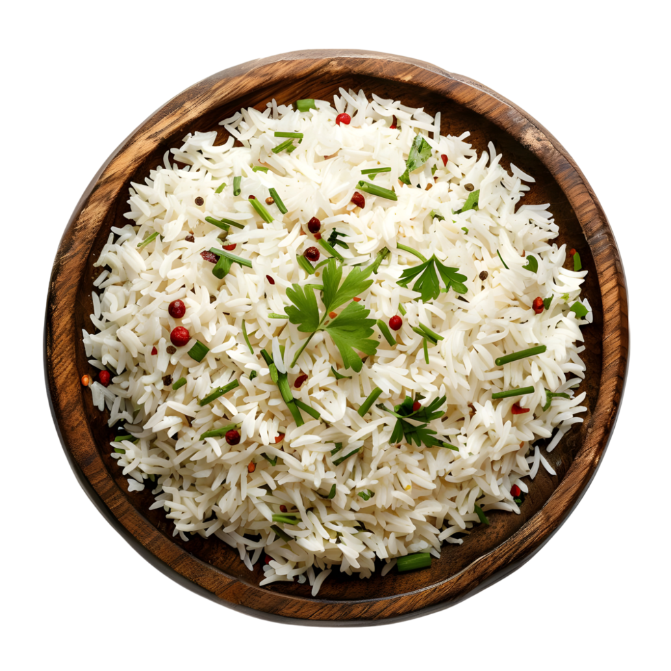 Bowl of Steamed White Rice Garnished with Parsley Isolated on Transparent Background png