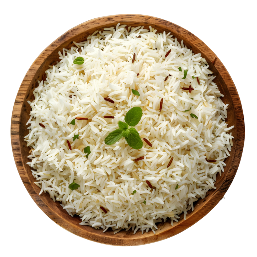 Bowl of fluffy white rice garnished with herbs, perfect for meals, isolated on a transparent background png