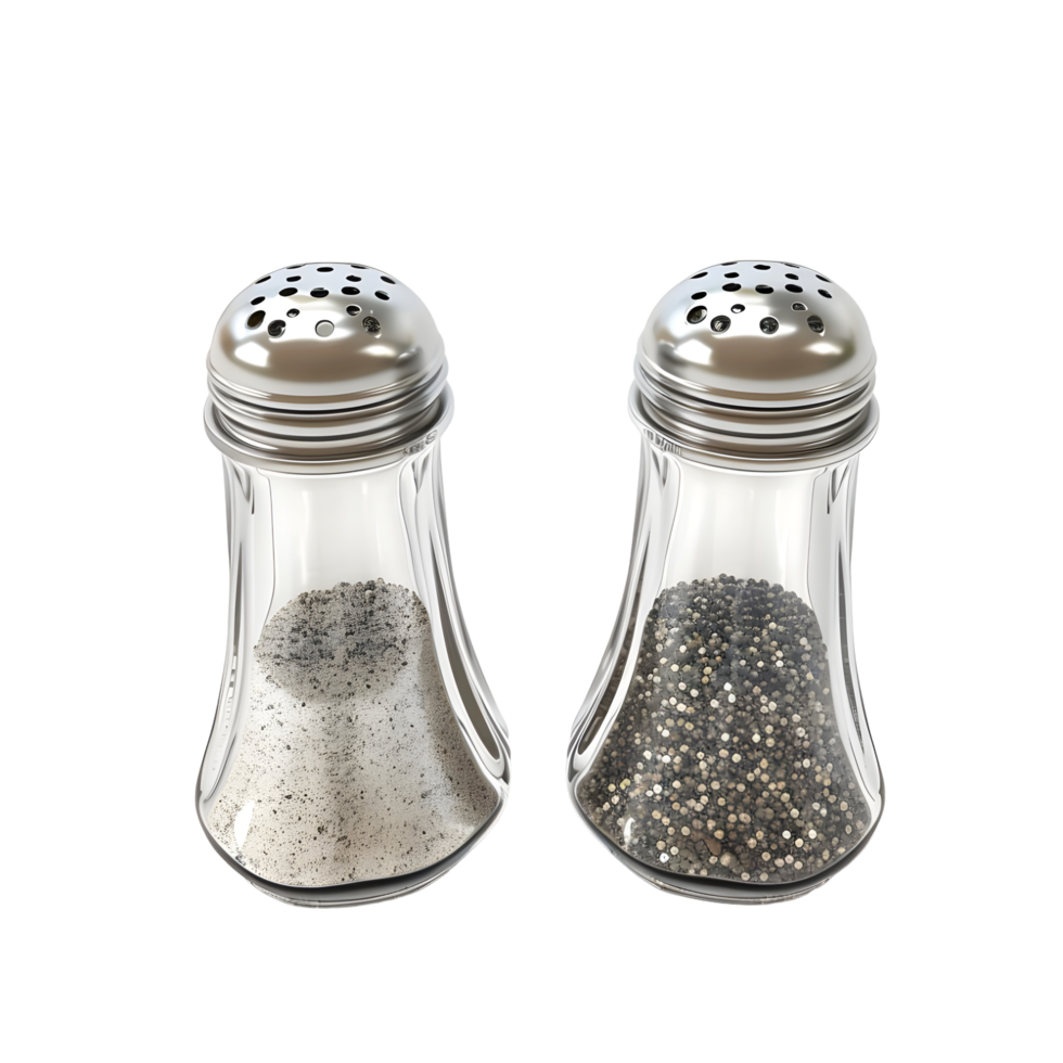 Sleek salt and pepper shakers with a polished metallic finish, isolated on a transparent background png