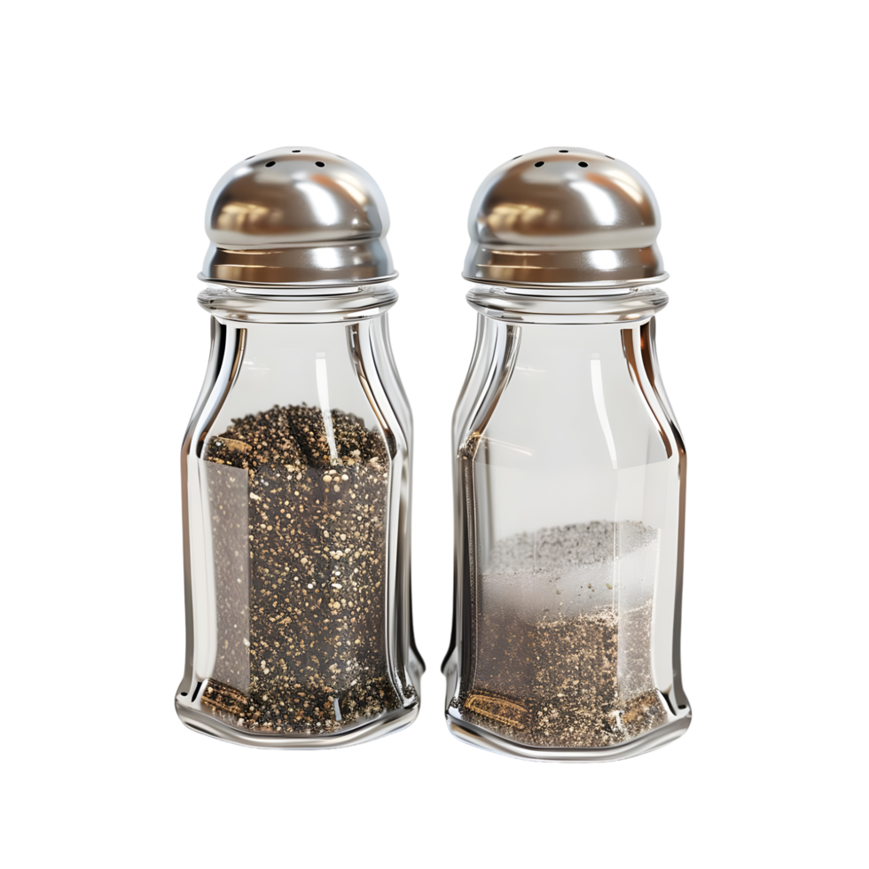 Classic salt and pepper shakers in stainless steel caps isolated on a transparent background png