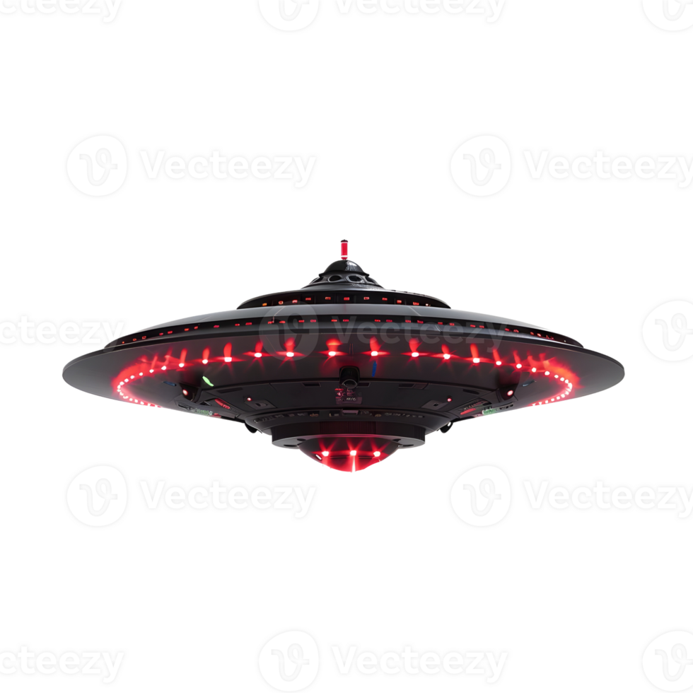 Futuristic UFO spaceship with red glowing accents isolated on a transparent background png