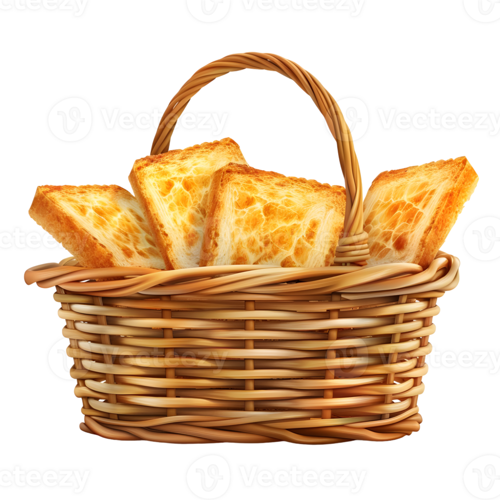 Wicker basket filled with golden crispy toast slices isolated on a transparent background png