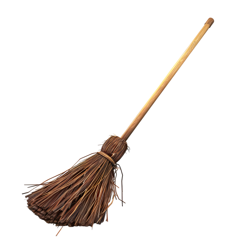 Traditional broom with a natural wood handle and straw bristles, isolated on a transparent background png