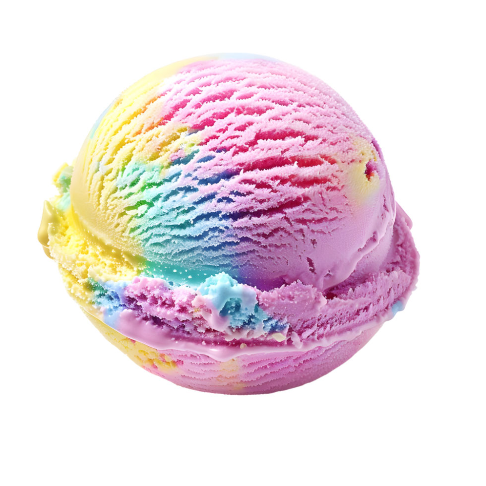 Creamy scoop of rainbow ice cream bursting with colors, isolated on a transparent background png