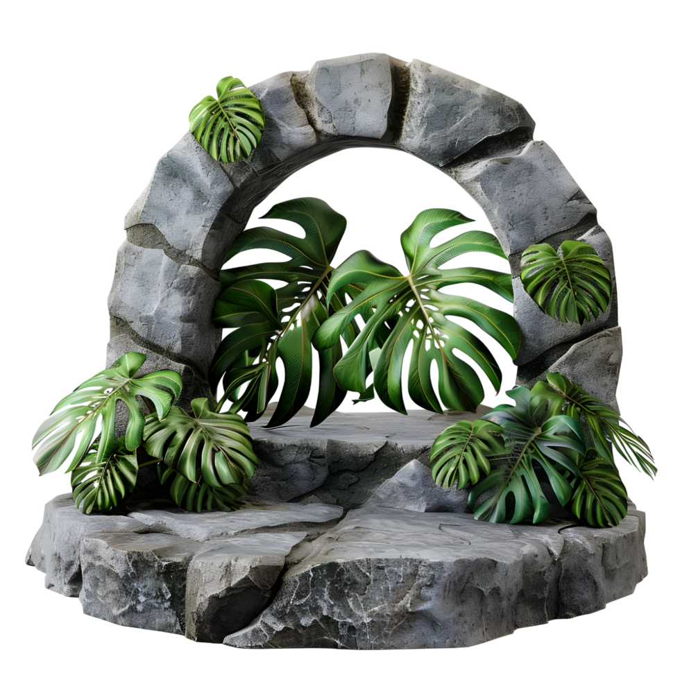 a stone arch with plants and a rock png