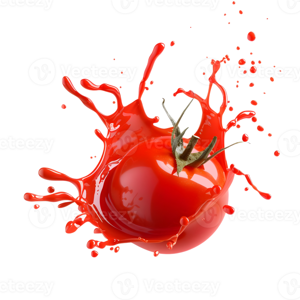 Juicy Tomato Splash with Vibrant Droplets on Transparent Background png
