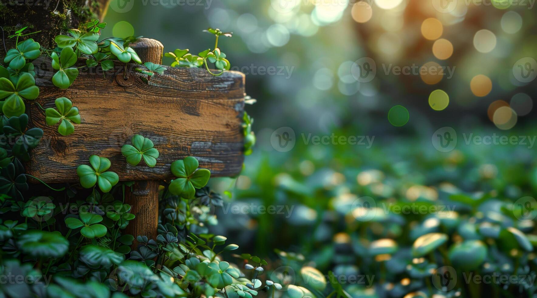 A green shamrock hat is hanging from a tree branch. A sign is attached to the hat, and it reads Happy St. Patrick's Day.The image conveys a festive and celebratory mood photo