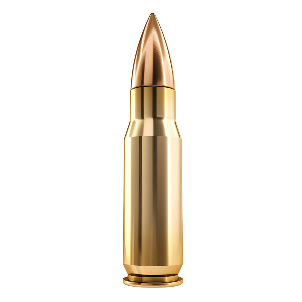 Full metal jacket bullet standing upright isolated on transparent background. png