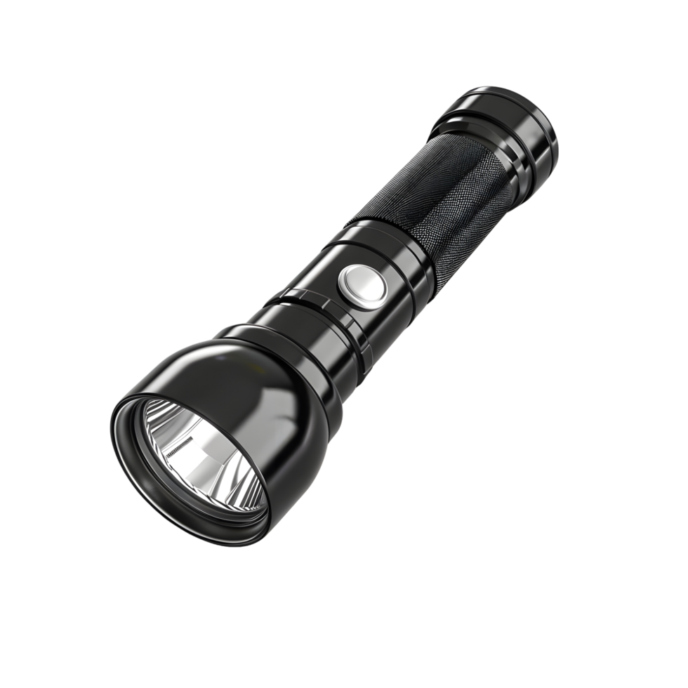 Black handheld flashlight with silver head isolated on transparent background. png