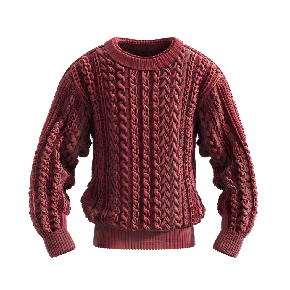 Red knitted wool sweater with detailed pattern isolated on transparent background. png