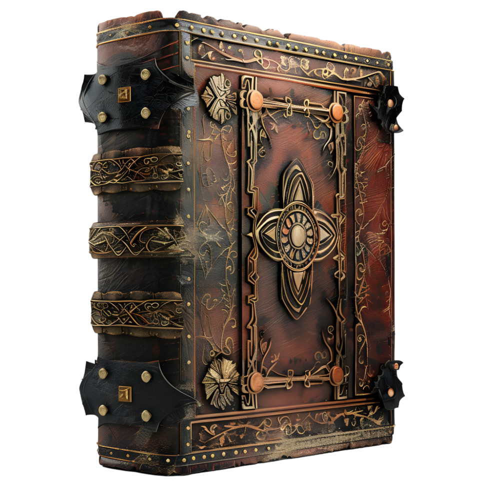 Ancient leather-bound book with metal clasps isolated on transparent background. png