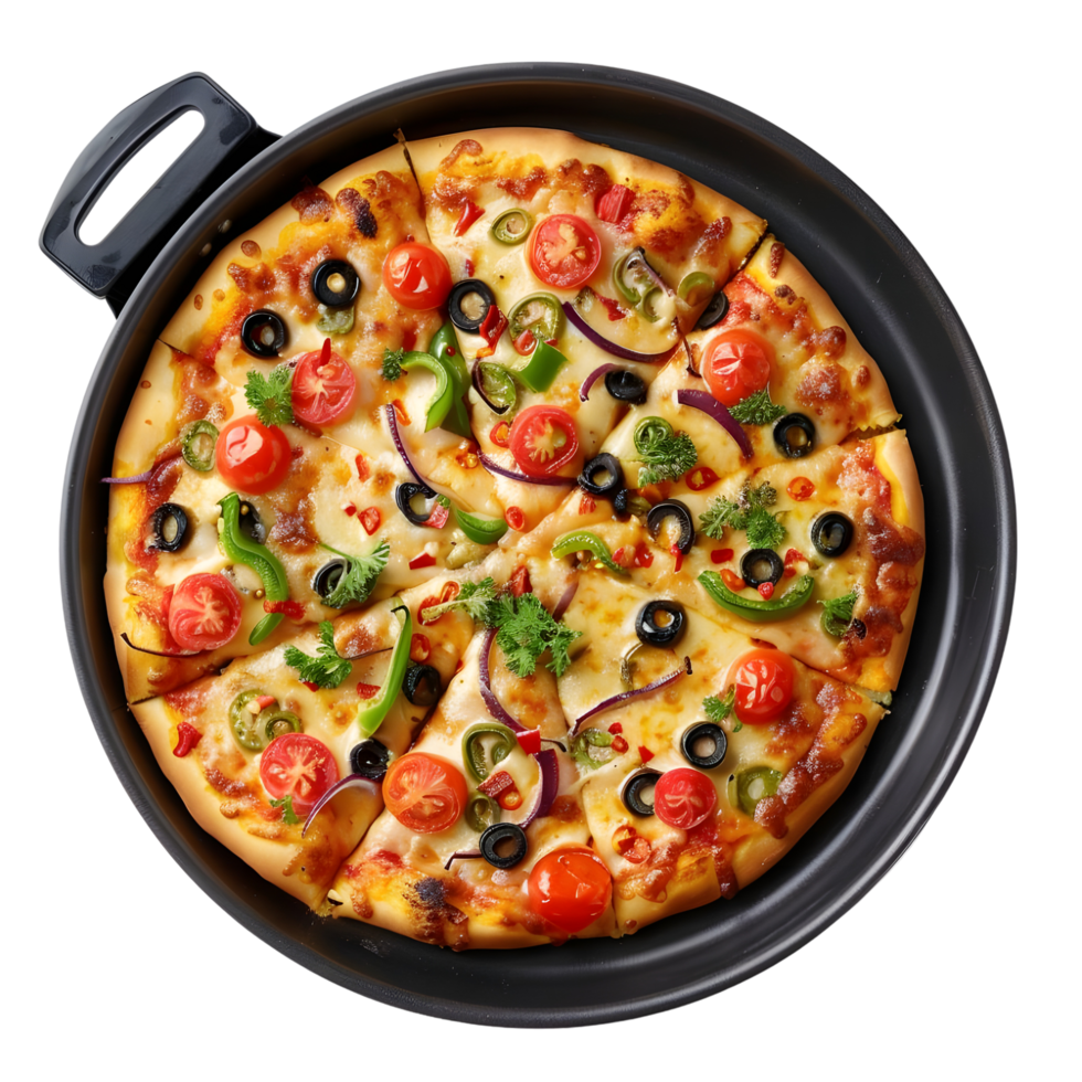pizza with vegetables and olives on a pan png