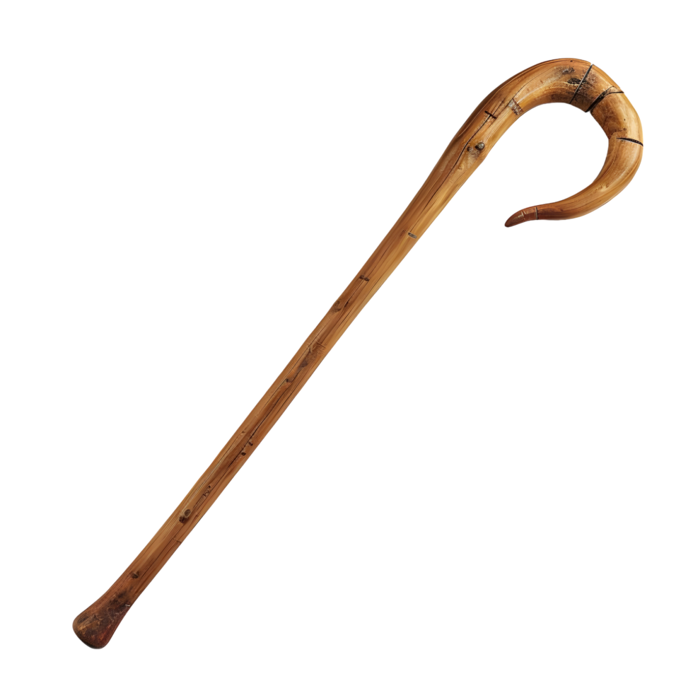 Polished wooden cane with a classic curved handle isolated on transparent background. png