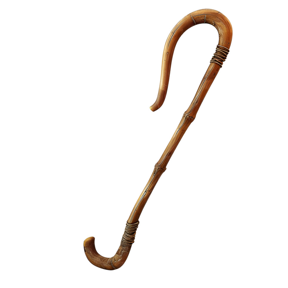 Wooden walking stick with curved handle isolated on transparent background. png