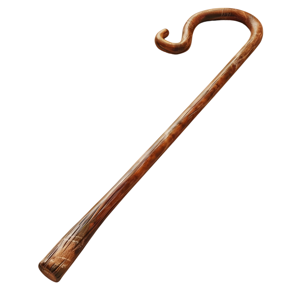 Vintage brown walking cane with smooth finish isolated on transparent background. png