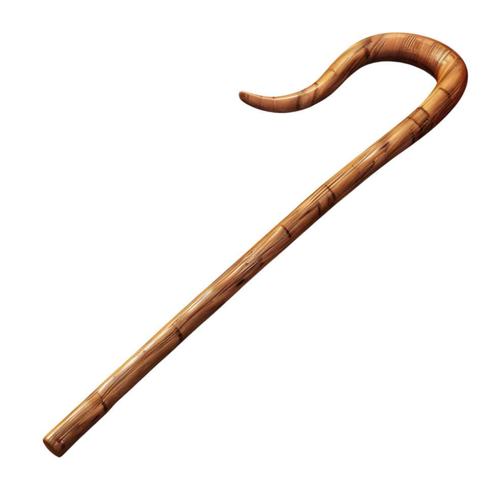 Elegant wooden cane with curved handle isolated on transparent background. png