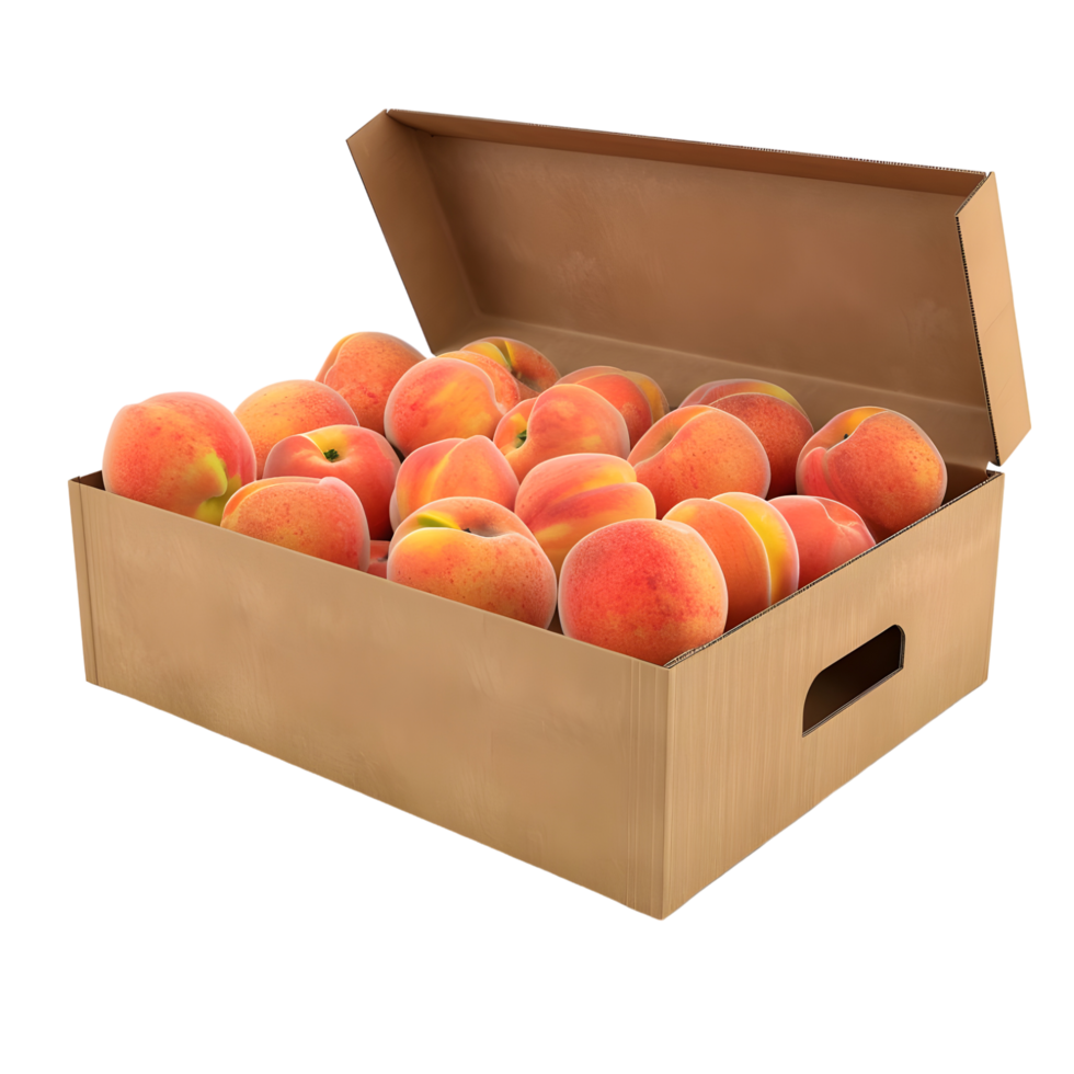 Fresh Ripe Peaches in Cardboard Box isolated on transparent background png