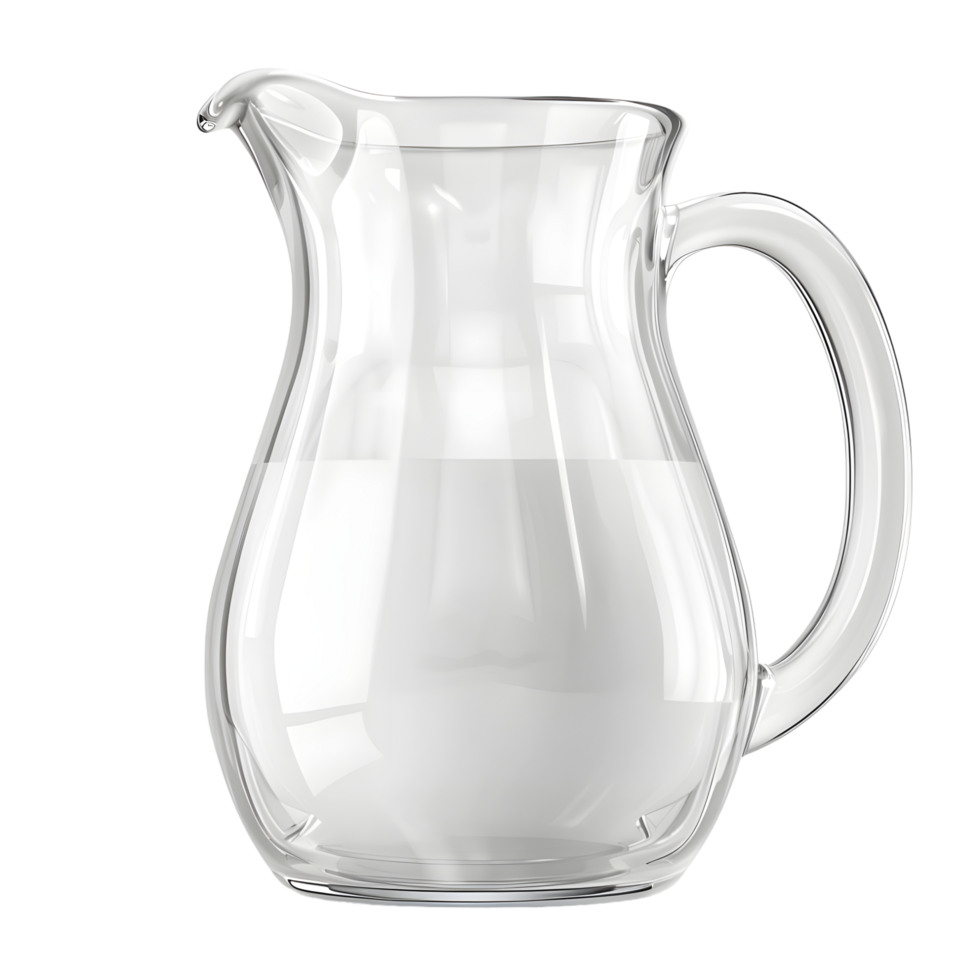 Clear glass milk pitcher with handle isolated on transparent background. png