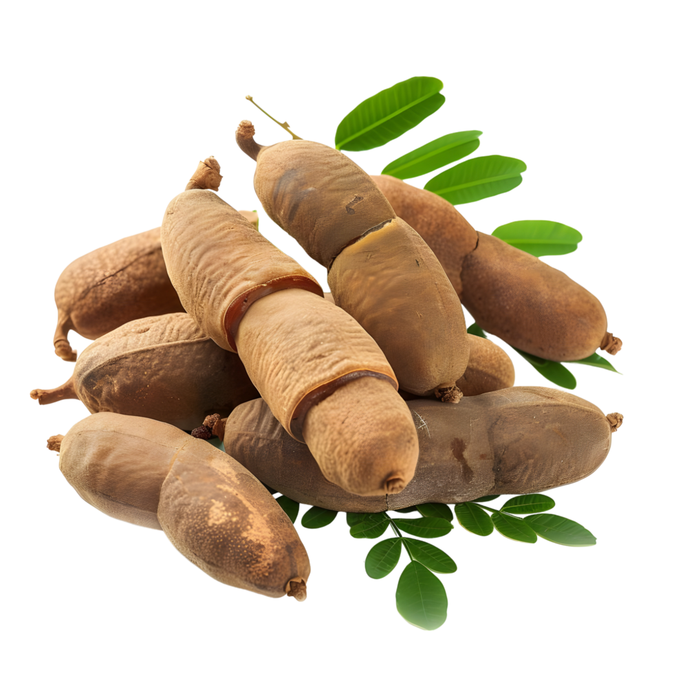 Whole Tamarinds with Fresh Green Leaves isolated on transparent background png