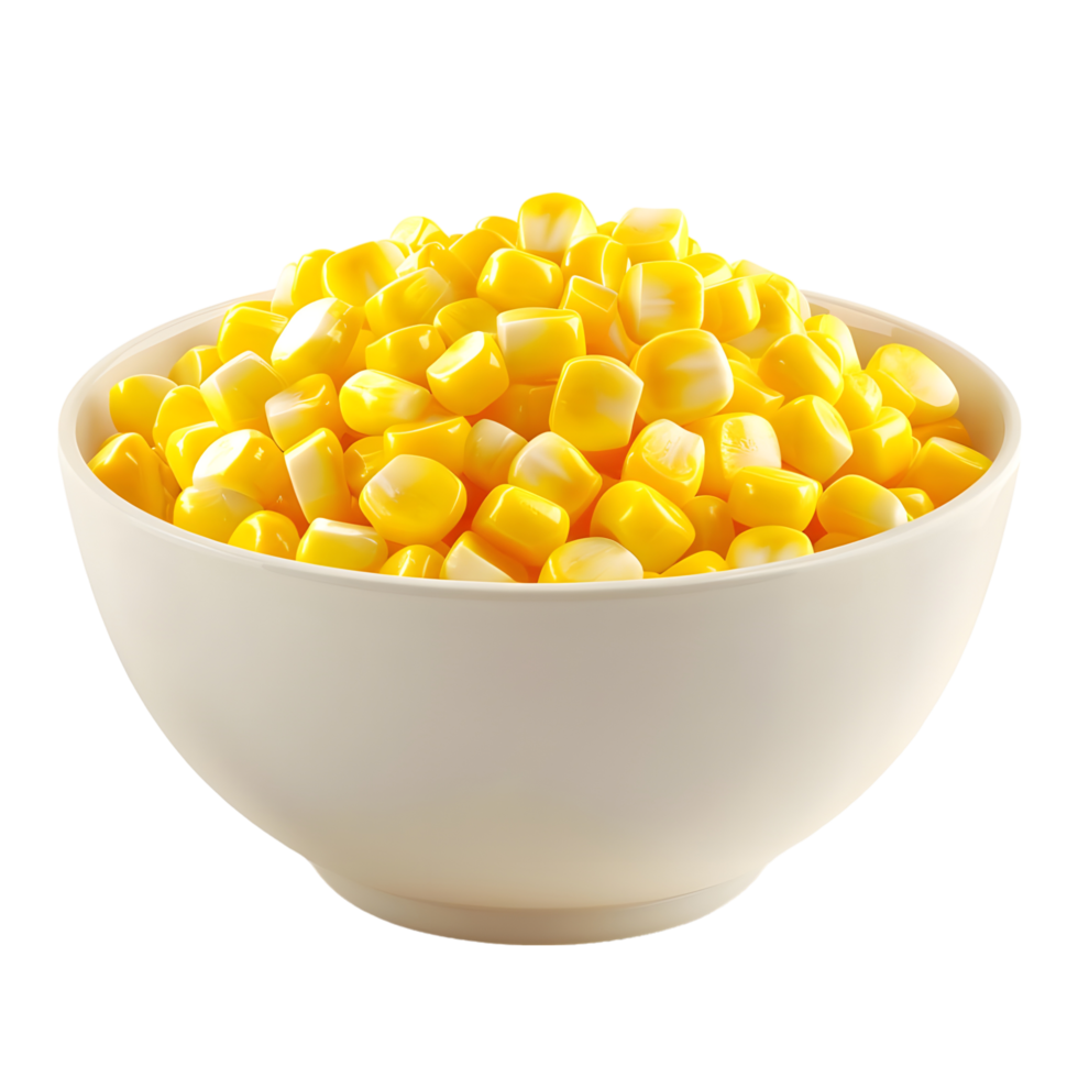 Golden Corn Kernels in a Textured White Bowl isolated on transparent background png