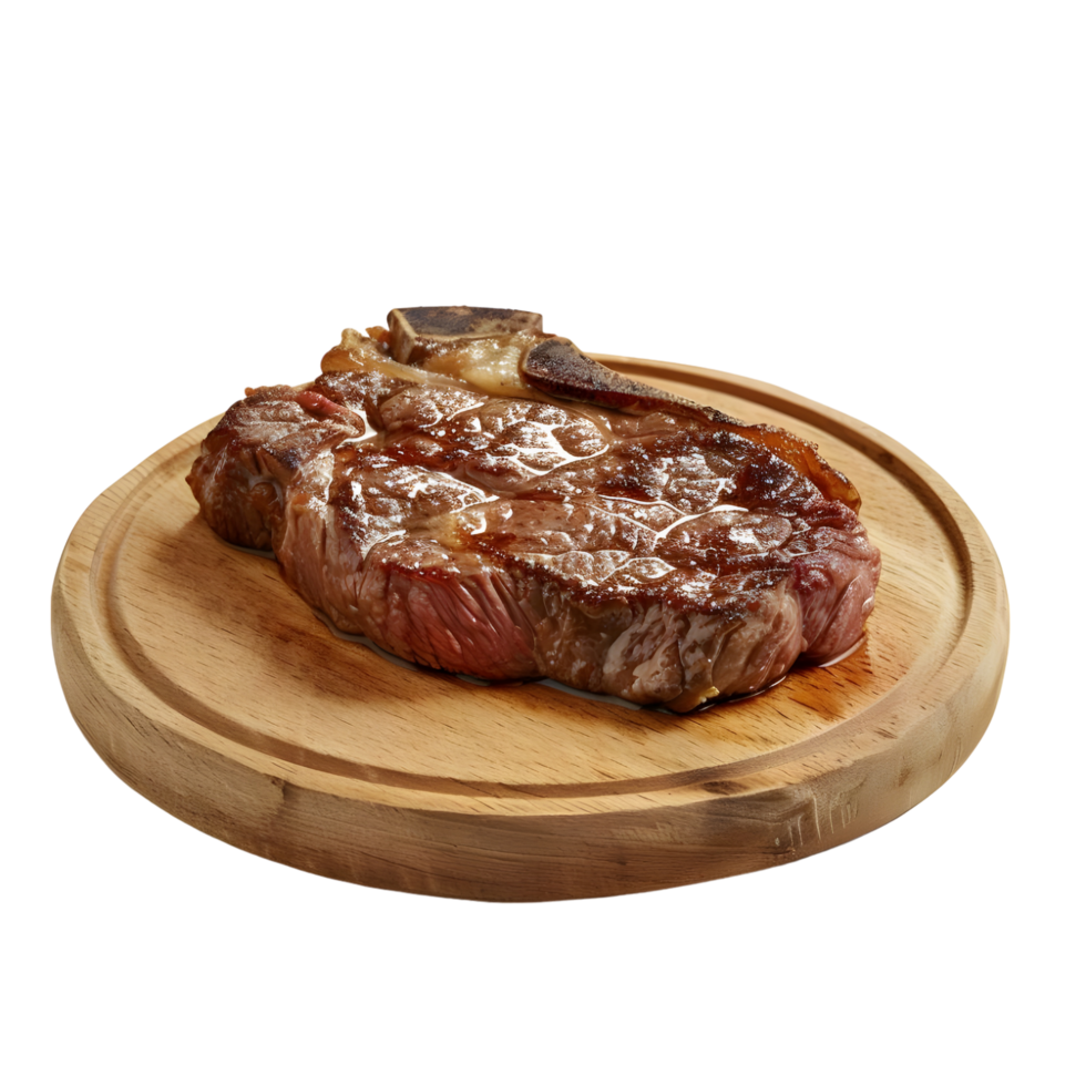 Grilled Steak on Wooden Plate with Juicy Texture isolated on transparent background png
