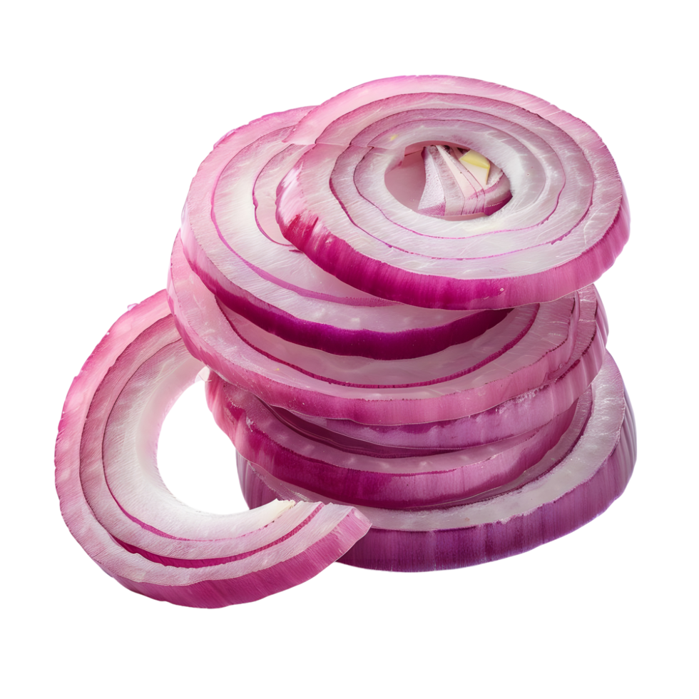 Layered rings of bright red onion with natural textures, isolated on a transparent background png