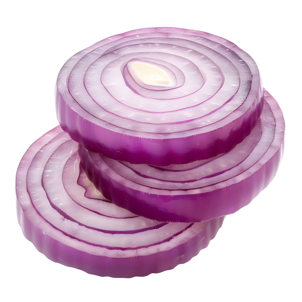 Sliced purple onion rings arranged in layers, isolated on a transparent background png