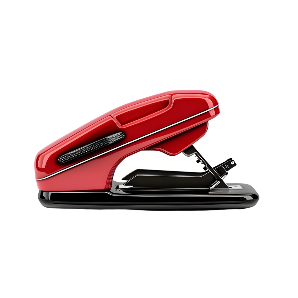 Red stapler with a modern ergonomic design, isolated on a transparent background png